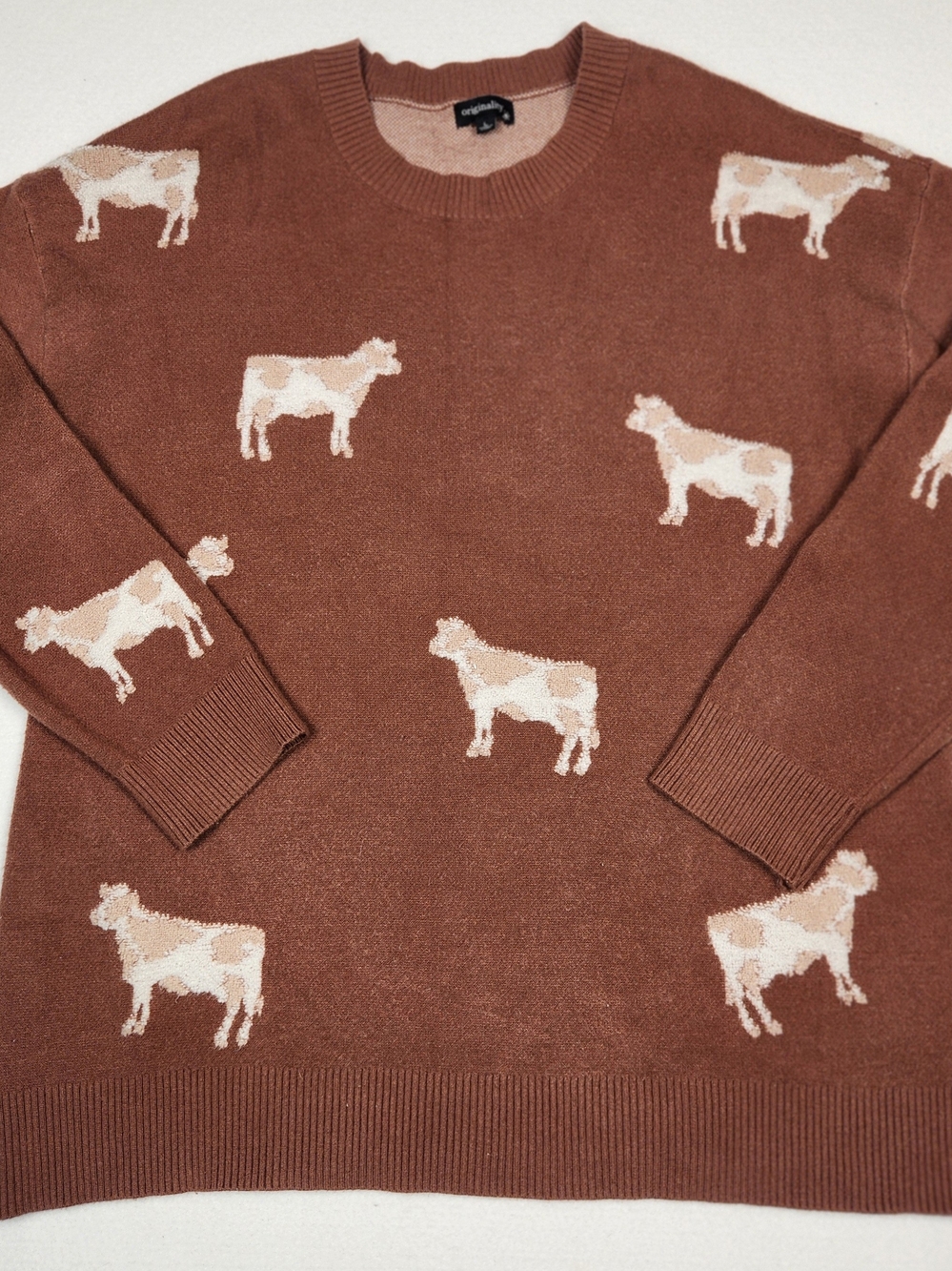 Originality Brand  Cow Print Crewneck Sweater Sz L Brown Ultra Soft -Farm Animal